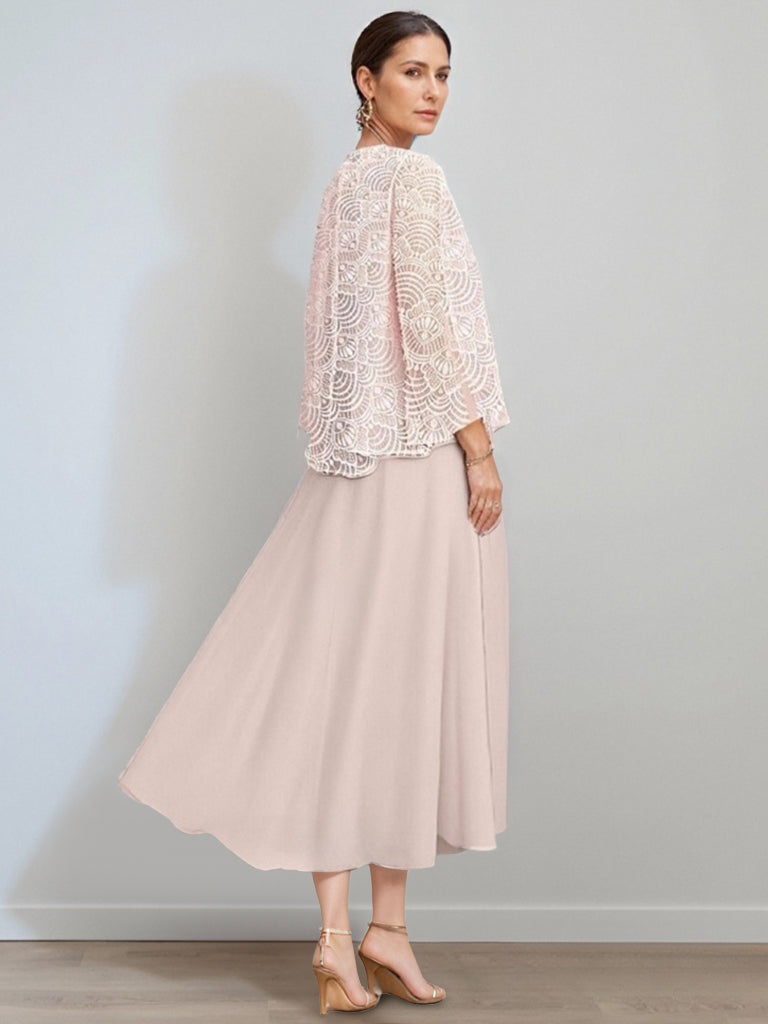 A-Line/Princess Jewel Neck Tea Length Mother Of The Bride Dresses With Jacket & Lace BabaMila