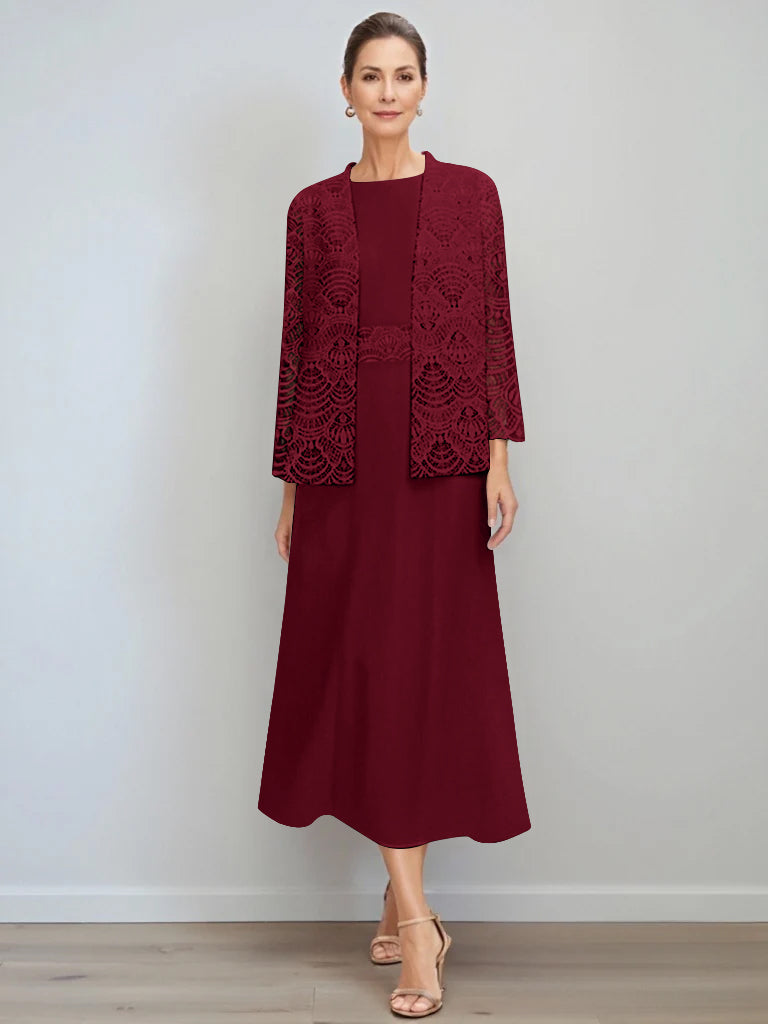 A-Line/Princess Jewel Neck Tea Length Mother Of The Bride Dresses With Jacket & Lace BabaMila