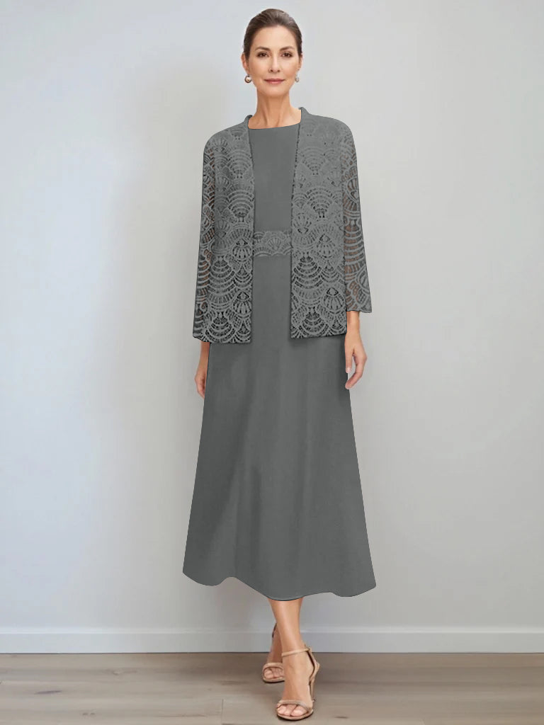A-Line/Princess Jewel Neck Tea Length Mother Of The Bride Dresses With Jacket & Lace BabaMila