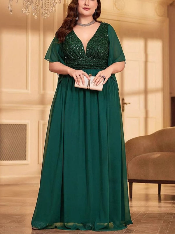 A-Line/Princess Chiffon Short Sleeves V-Neck Plus Size Mother Of The Bride Dresses Sequins Floor-Length BabaMila