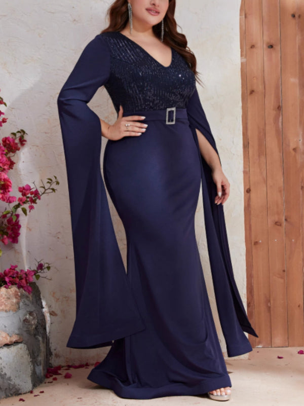 Trumpet/Mermaid V-Neck Long Sleeves Plus Size Mother Of The Bride Dresses Sequins Floor-Length BabaMila