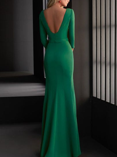 Sheath/Column V-Neck Floor-length Prom Dresses With Belt/3D Flower BabaMila