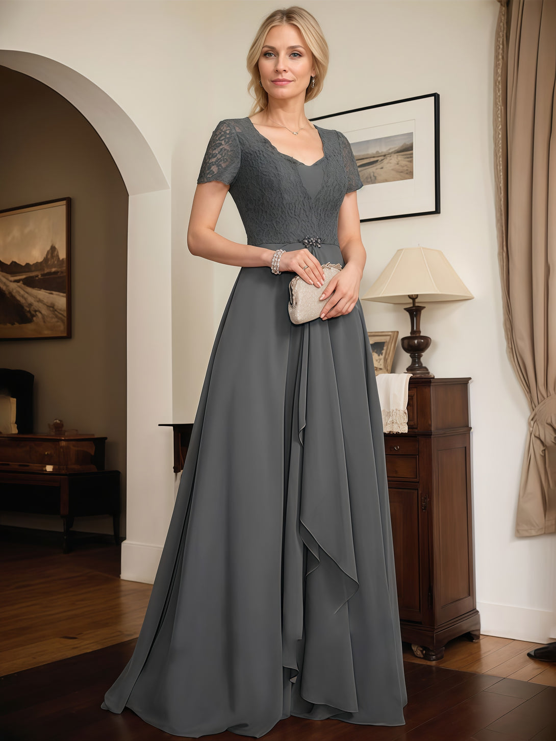 A-Line Sweetheart Neck Short Sleeve Floor-Length Lace/Chiffon Mother of the Bride Dress With Cascading Ruffles/Beads BabaMila