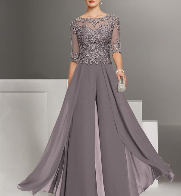 Chiffon Jewel Neck Half Sleeves Ankle-Length Mother Of The Bride Pantsuits With Lace BabaMila