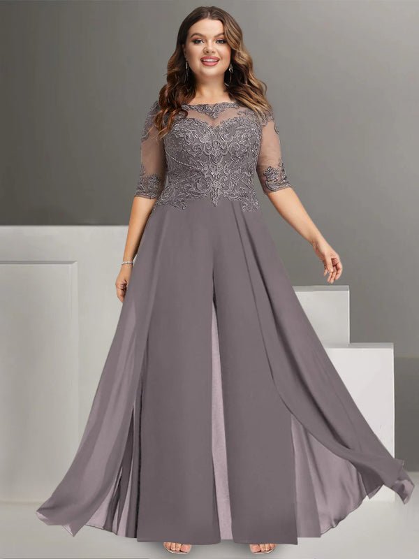 Chiffon Jewel Neck Half Sleeves Ankle-Length Mother Of The Bride Pantsuits With Lace BabaMila