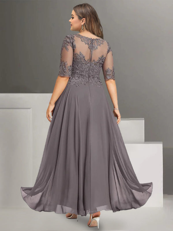 Chiffon Jewel Neck Half Sleeves Ankle-Length Mother Of The Bride Pantsuits With Lace BabaMila