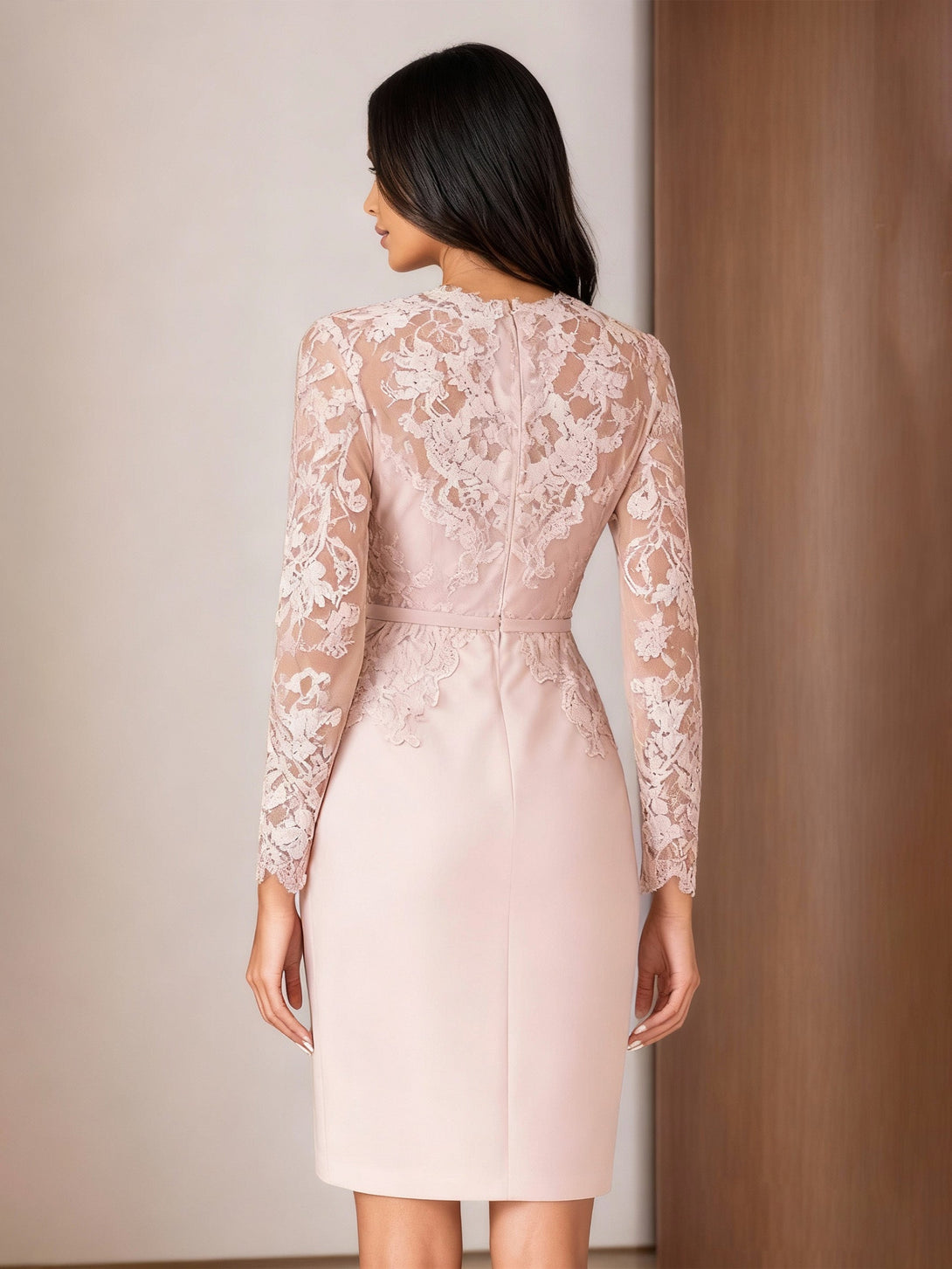 Sheath/Column Long Sleeves V-Neck Knee-Length Mother Of The Bride Dresses With Lace BabaMila