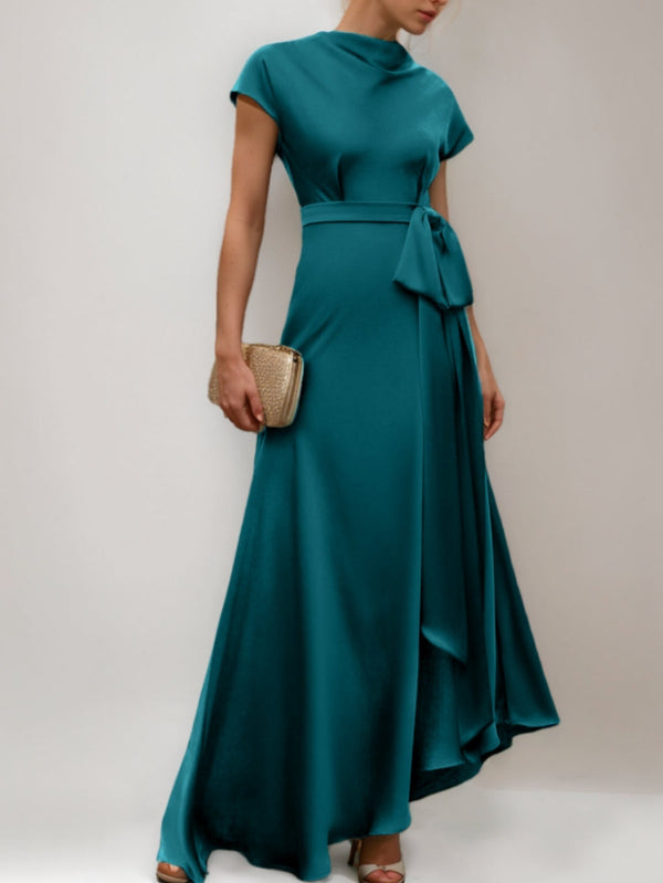 A-Line/Princess Short Sleeves Asymmetrical Mother Of The Bride Dresses With Pleats BabaMila