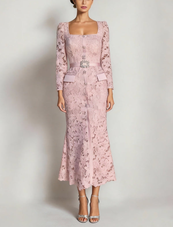 Sheath/Column Lace Long Sleeves Square Collar Mother Of The Bride Dresses Ankle-Length BabaMila