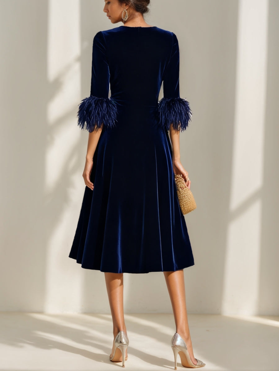 A-Line/Princess Scoop Velvet Mother Of The Bride Dresses Half Sleeves Feather-Trimmed BabaMila