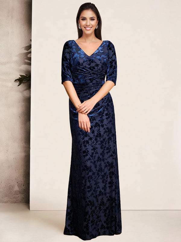 Sheath/Column V-Neck Velvet Floral Mother Of The Bride Dresses Pleated BabaMila