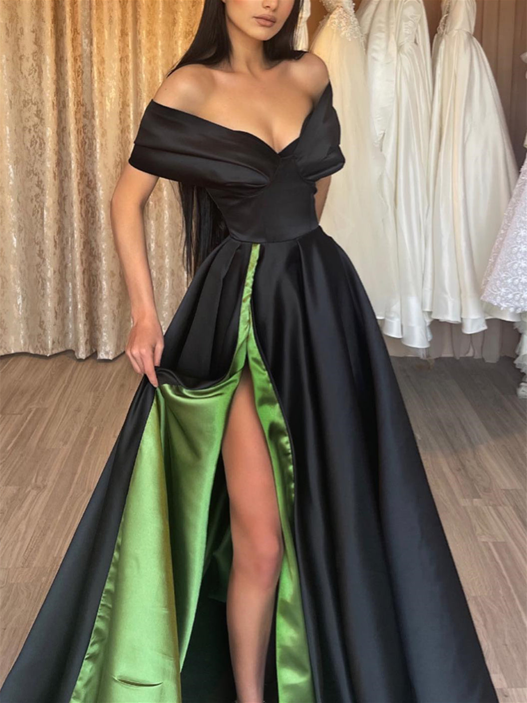 A-Line/Princess Off-the-Shoulder V-Neck Floor-length Prom Dresses With Pleated BabaMila
