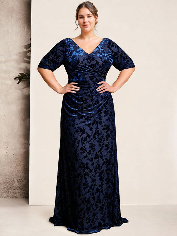 Sheath/Column V-Neck Velvet Floral Plus Size Mother Of The Bride Dresses Pleated BabaMila