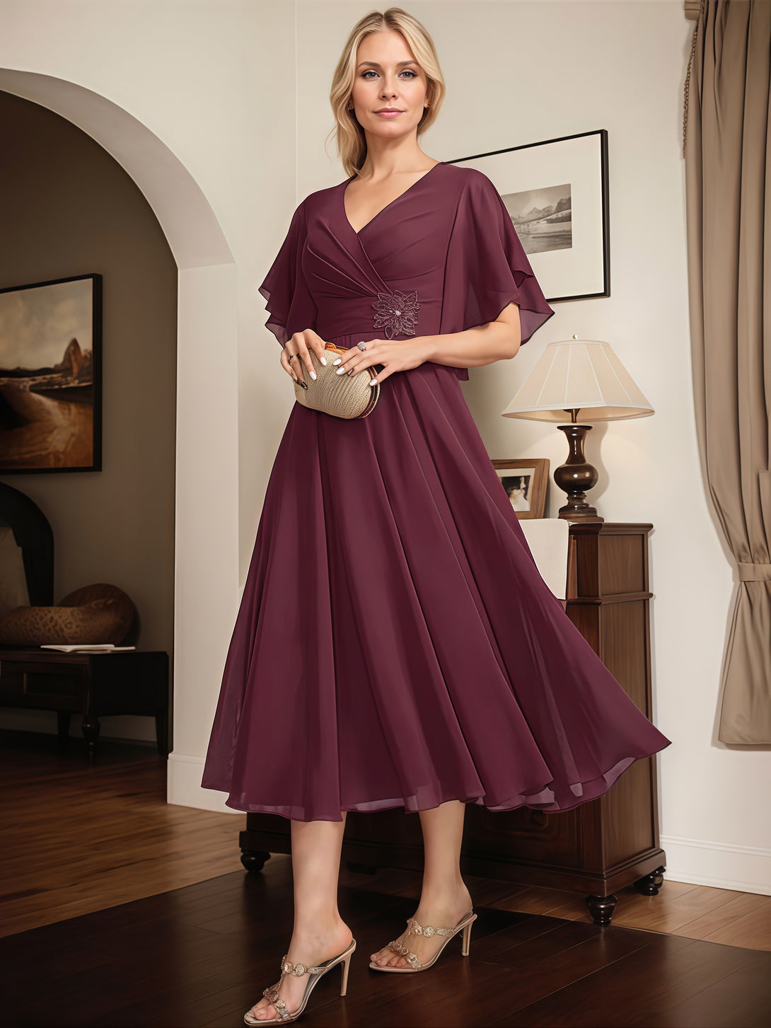 A-Line V-Neck Flutter Straps Tea-Length Chiffon Mother of the Bride Dress With Beads/Belt/Pleated BabaMila