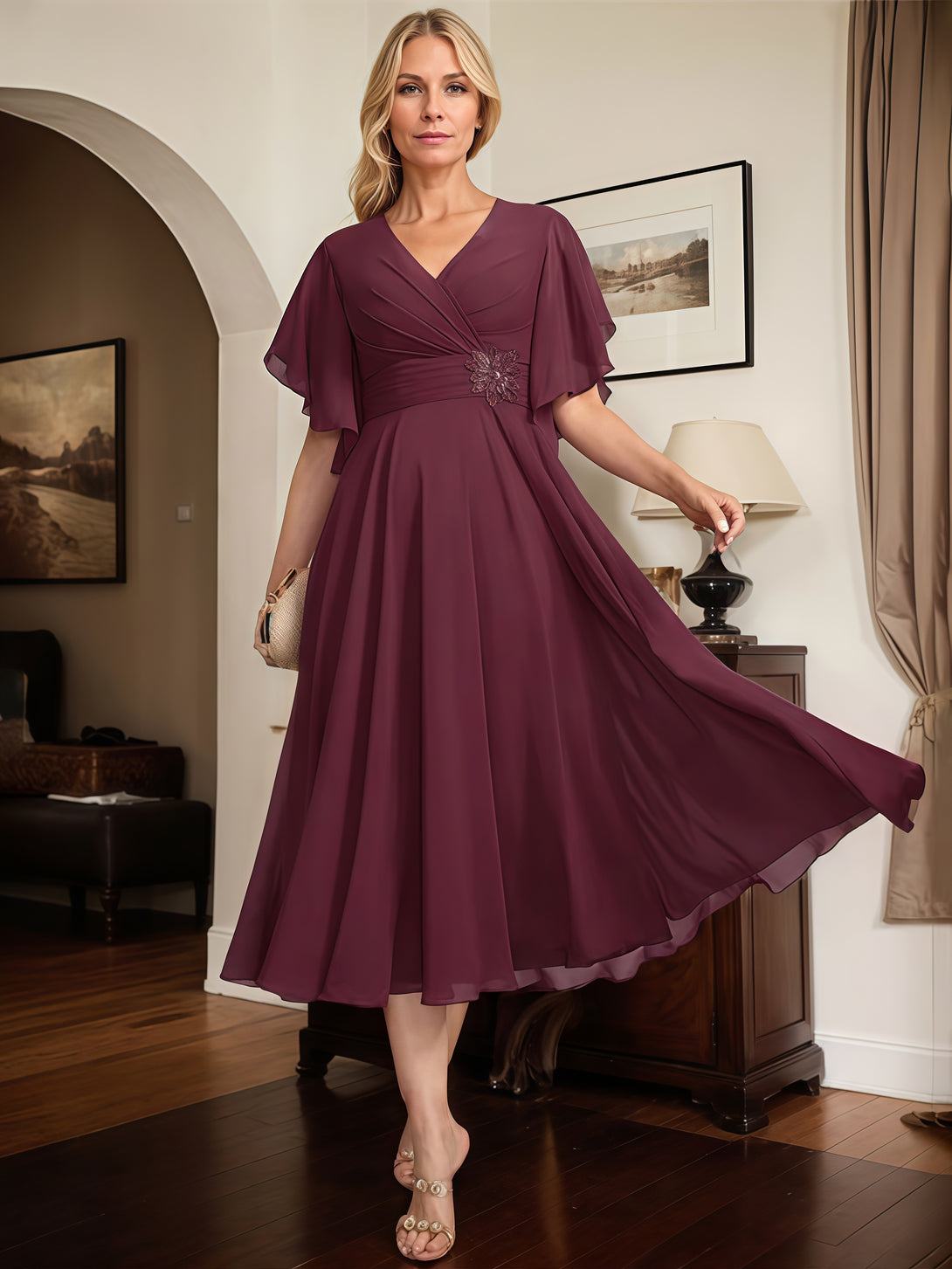A-Line V-Neck Flutter Straps Tea-Length Chiffon Mother of the Bride Dress With Beads/Belt/Pleated BabaMila