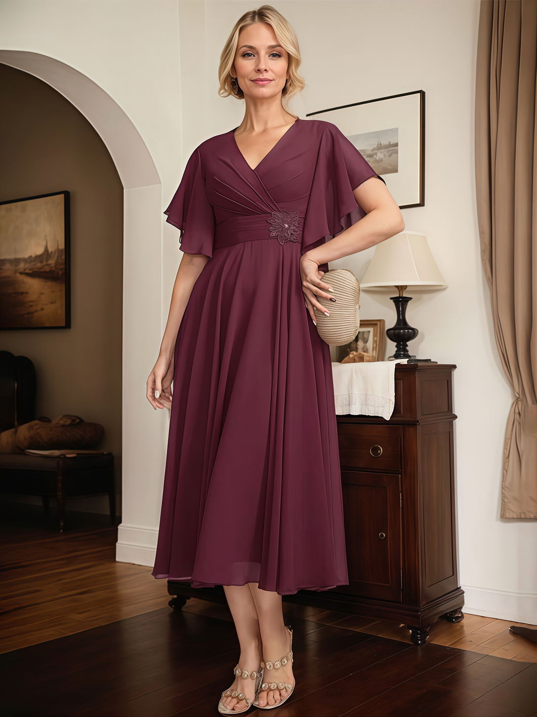 A-Line V-Neck Flutter Straps Tea-Length Chiffon Mother of the Bride Dress With Beads/Belt/Pleated BabaMila
