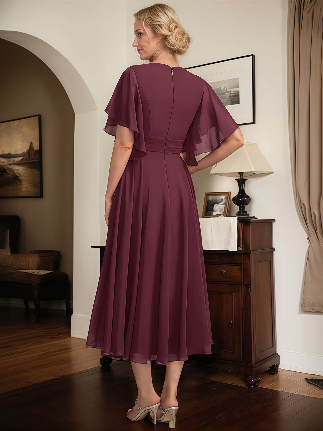 A-Line V-Neck Flutter Straps Tea-Length Chiffon Mother of the Bride Dress With Beads/Belt/Pleated BabaMila