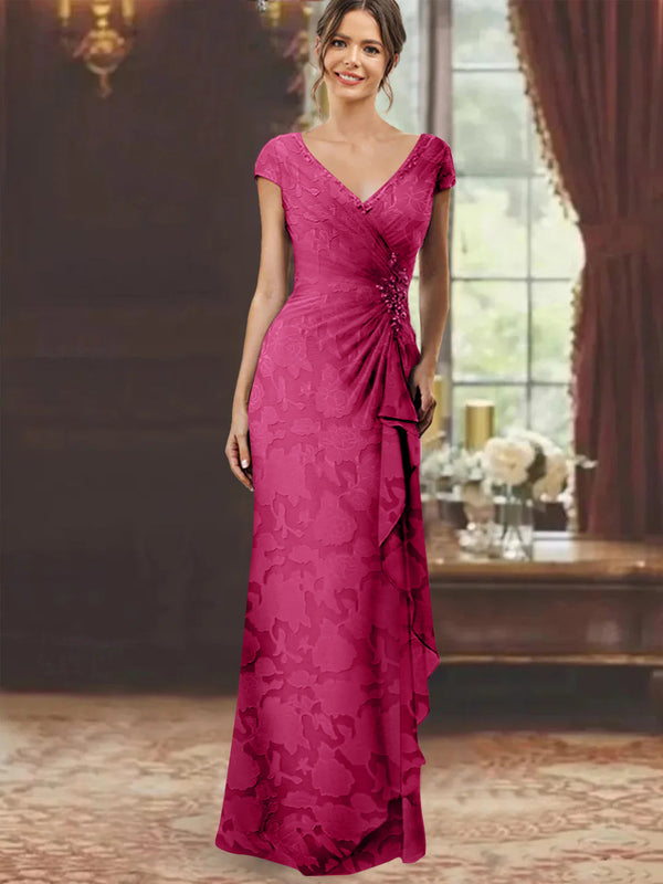 Sheath/Column V-Neck Short Sleeves Floor-Length Rose Lace Applique Mother Of The Bride Dresses With Ruffles & Sequins BabaMila