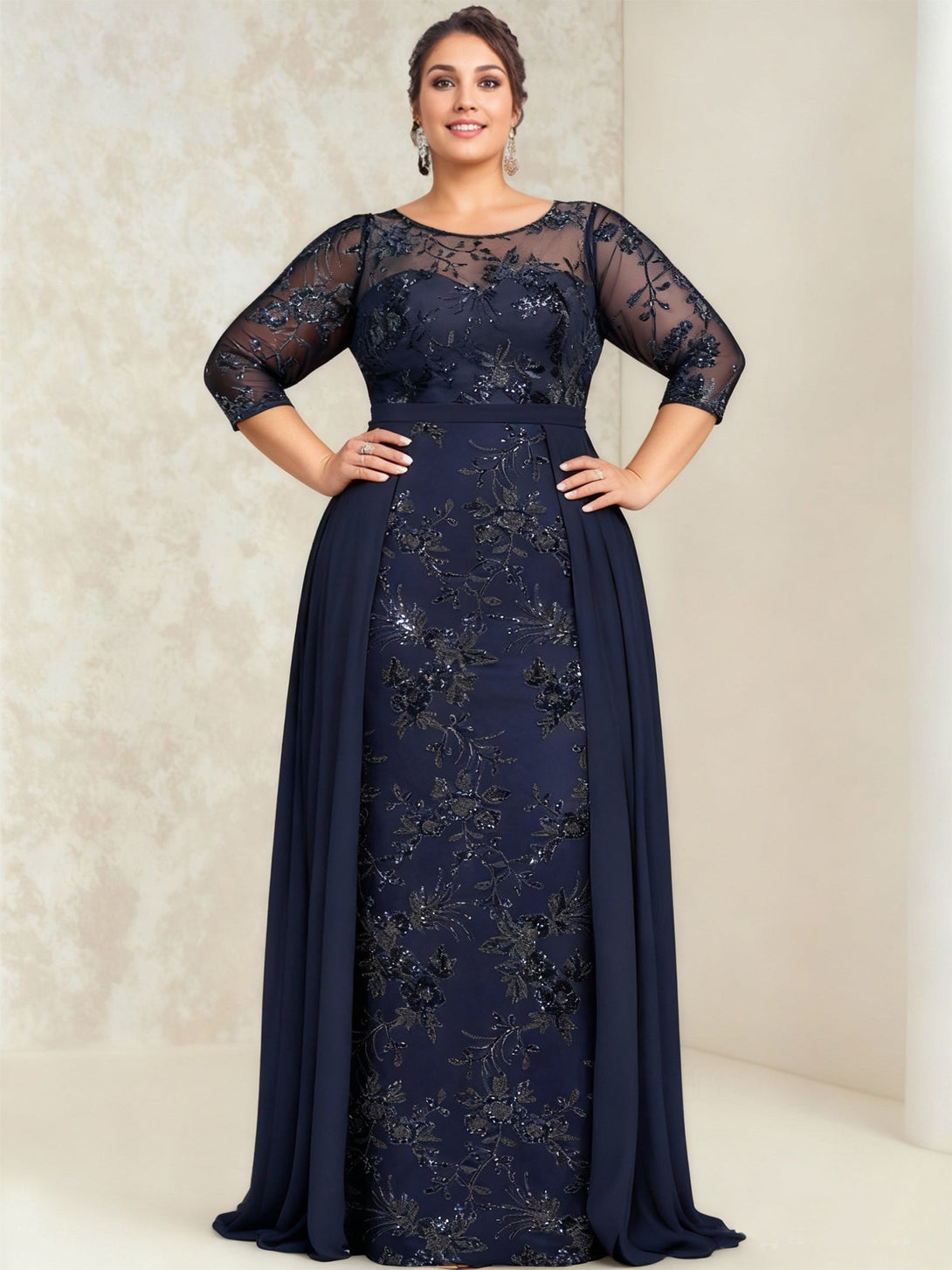 A-Line/Princess Lace Sequins Plus Size Mother Of The Bride Dresses Illusion Floor-Length BabaMila