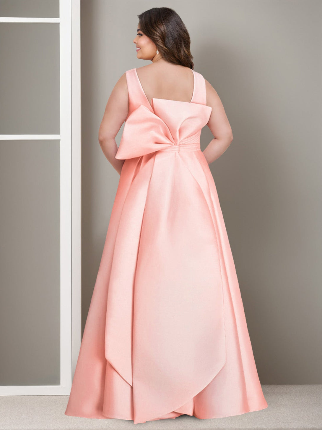 A-Line/Princess V-Neck Satin Plus Size Mother Of The Bride Dresses With Bow BabaMila