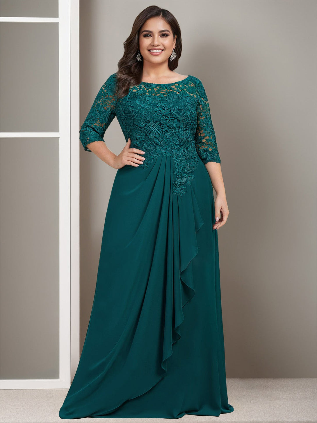 Sheath/Column Scoop Chiffon Lace Plus Size Mother Of The Bride Dresses With Pleats BabaMila