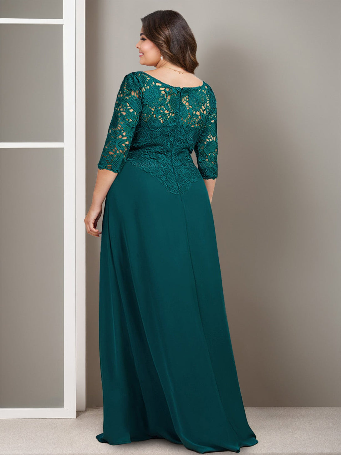 Sheath/Column Scoop Chiffon Lace Plus Size Mother Of The Bride Dresses With Pleats BabaMila