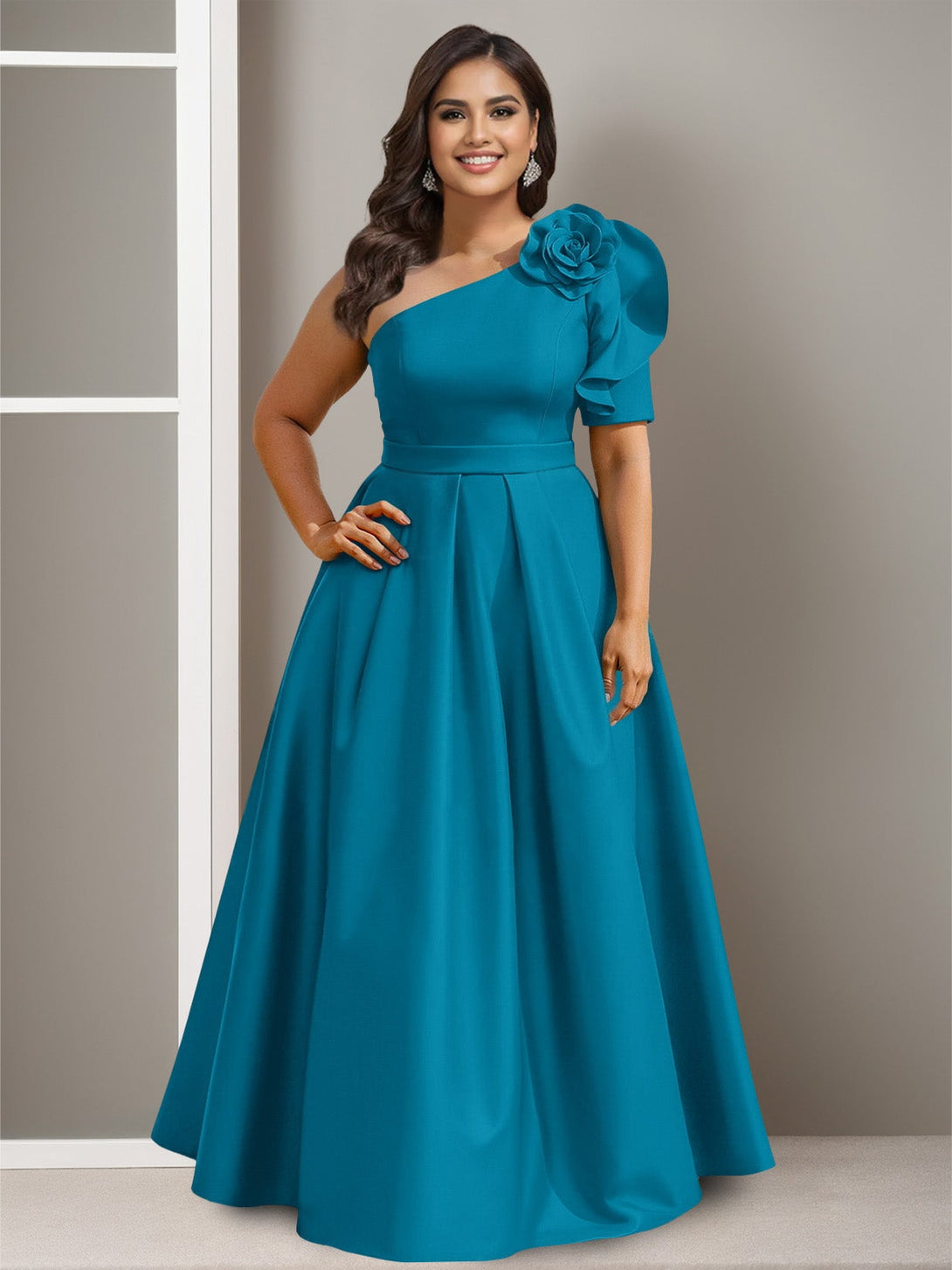 A-Line/Princess One-Shoulder Satin Plus Size Mother Of The Bride Dresses With Flower Floor-Length BabaMila