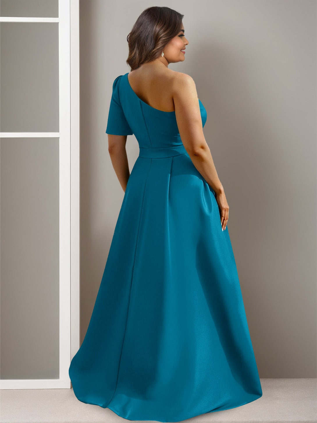 A-Line/Princess One-Shoulder Satin Plus Size Mother Of The Bride Dresses With Flower Floor-Length BabaMila