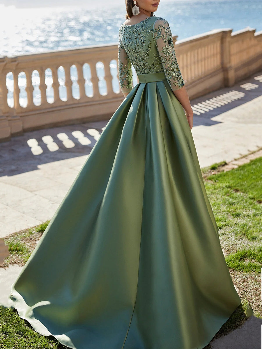 A-Line/Princess Scoop Satin Evening Dresses Half Sleeves Floor-Length Lace Party Dresses BabaMila