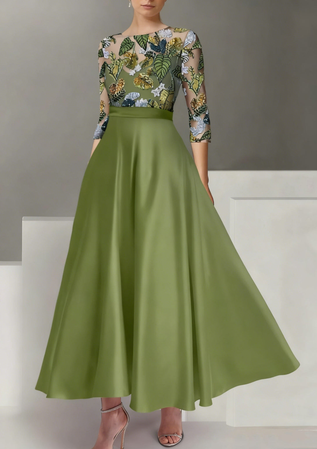 A-Line/Princess Satin Scoop Mother Of The Bride Dresses 3/4 Sleeves Ankle-Length Floral Sequins BabaMila