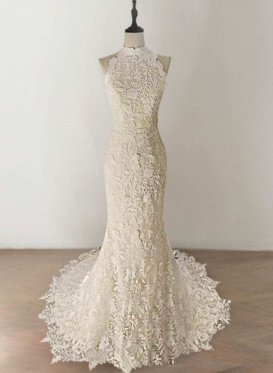 Delicated Trumpet/Mermaid Halter Sleeveless Wedding Dresses with Lace Appliques BabaMila