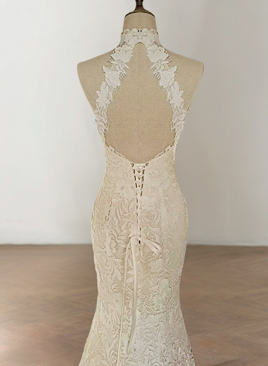 Delicated Trumpet/Mermaid Halter Sleeveless Wedding Dresses with Lace Appliques BabaMila
