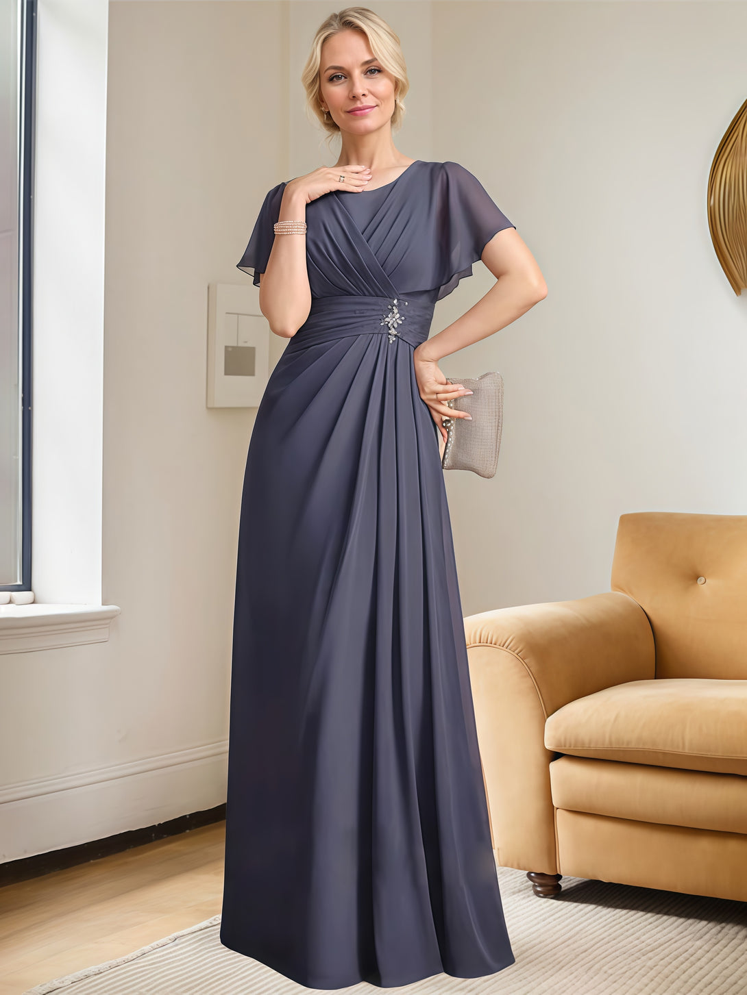 A-Line Round Neck Cape Floor-Length Chiffon Mother of the Bride Dress With Beads/Belt/Pleated BabaMila