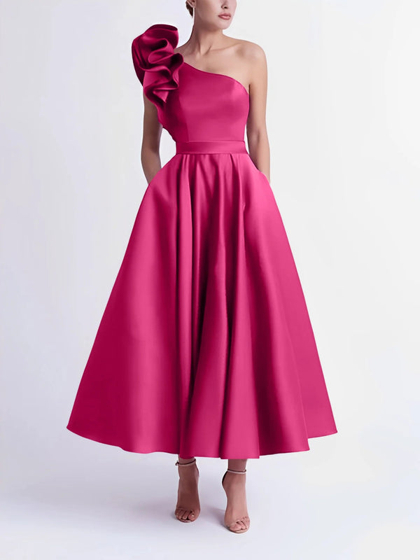 A-Line One-Shoulder Wedding Guest Cocktail Dresses Tea-Length With Ruffles BabaMila