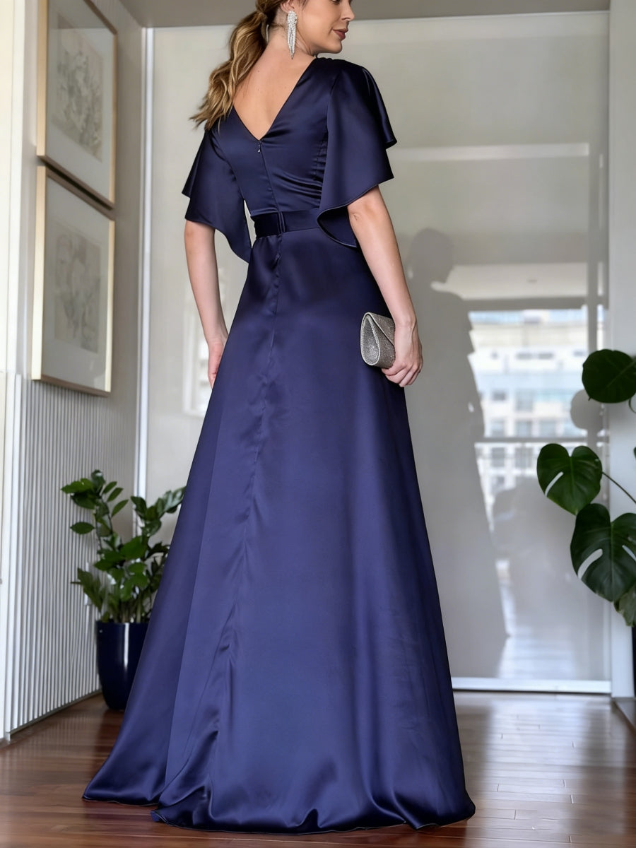 A-Line/Princess Sweetheart Short Sleeves Mother Of The Bride Dresses Floor-Length Pleated Silk Satin BabaMila
