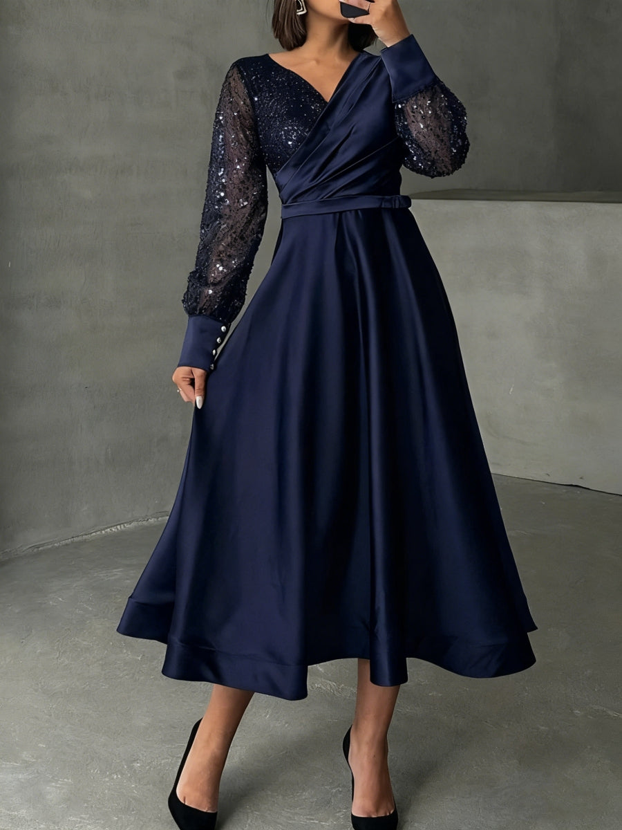 A-Line/Princess V-Neck Satin Mother Of The Bride Dresses Long Sleeves Tea-Length Sequins BabaMila