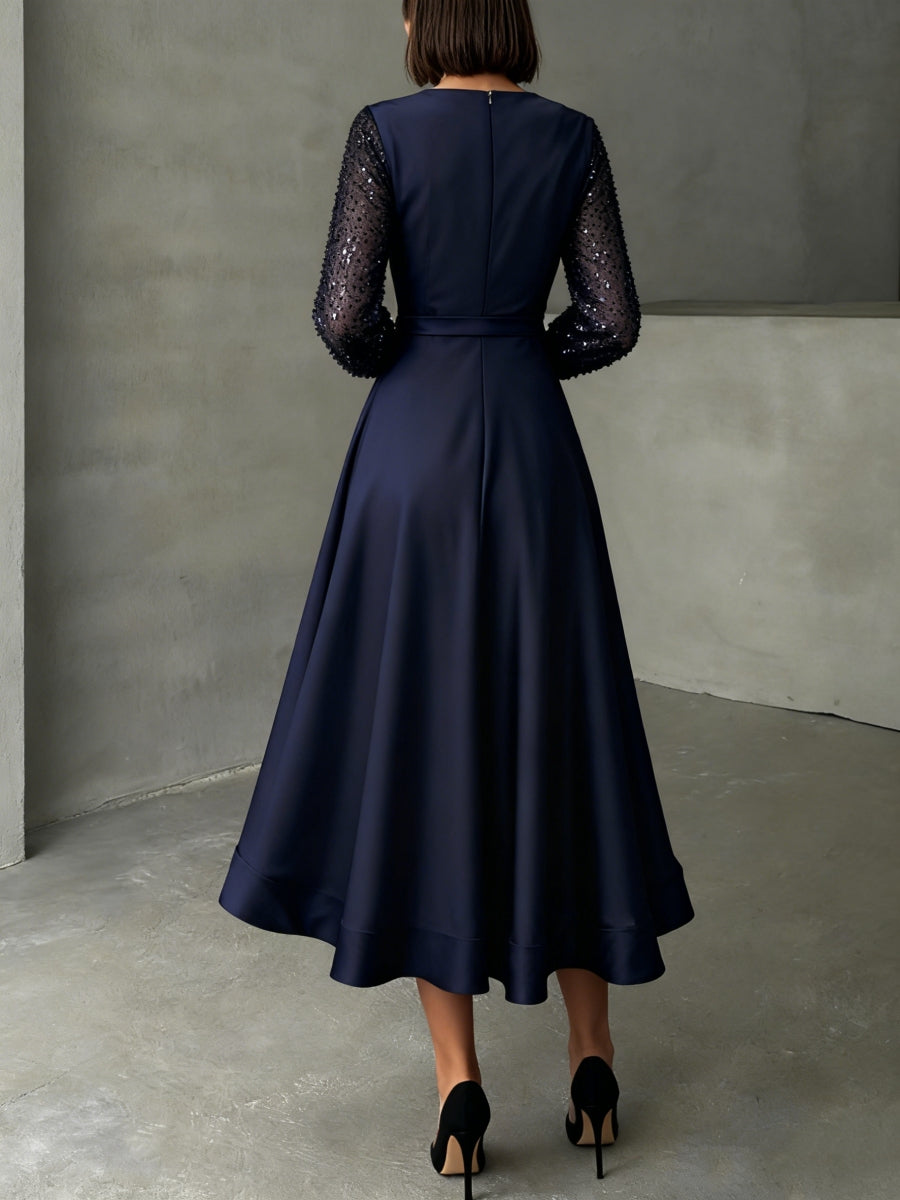 A-Line/Princess V-Neck Satin Mother Of The Bride Dresses Long Sleeves Tea-Length Sequins BabaMila