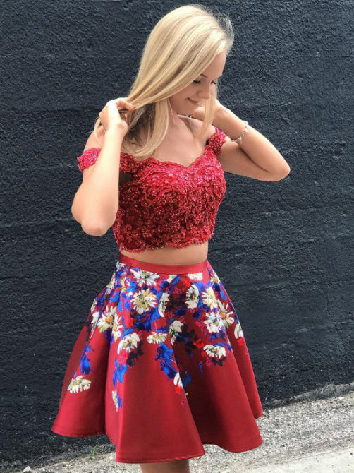 Two Piece Homecoming Dresses Burgundy Floral Print Short Prom Dress Party Dress Homecoming Dress BabaMila