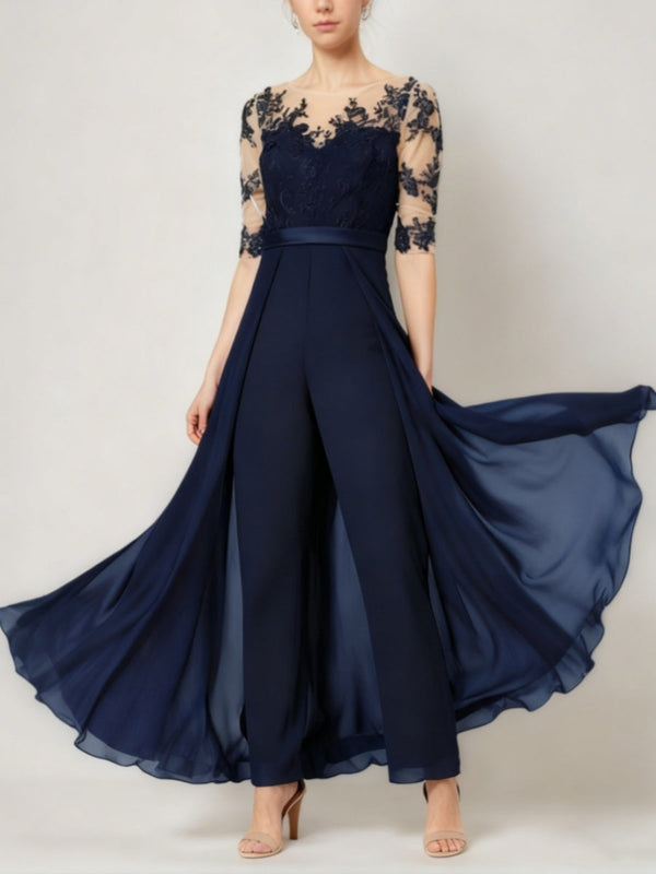 Scoop Chiffon Mother Of The Bride Jumpsuit Lace Ankle-Length Half Sleeves Wedding Guest Dress BabaMila