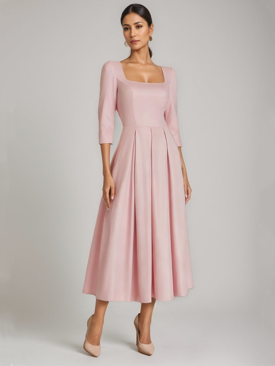 A-Line/Princess Square Collar Satin Mother Of The Bride Dresses 3/4 Sleeves Ankle-Length Pleated BabaMila