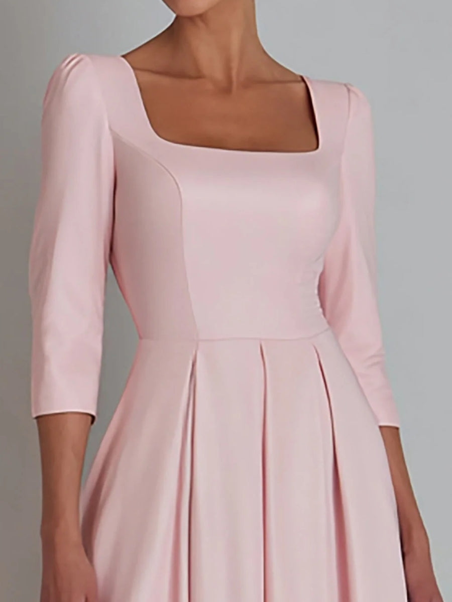 A-Line/Princess Square Collar Satin Mother Of The Bride Dresses 3/4 Sleeves Ankle-Length Pleated BabaMila