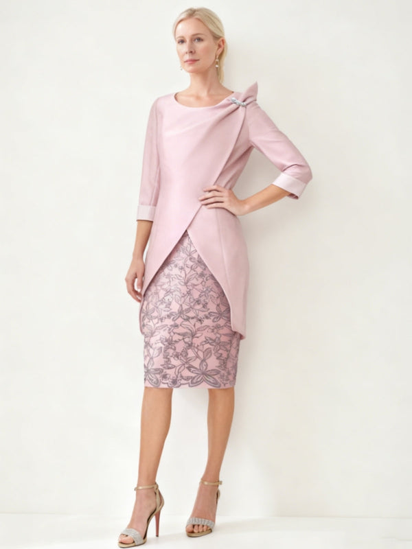 Sheath/Column 2 Pieces Scoop Satin Mother Of The Bride Dresses With Jacket Lace 3/4 Sleeves Knee-Length BabaMila