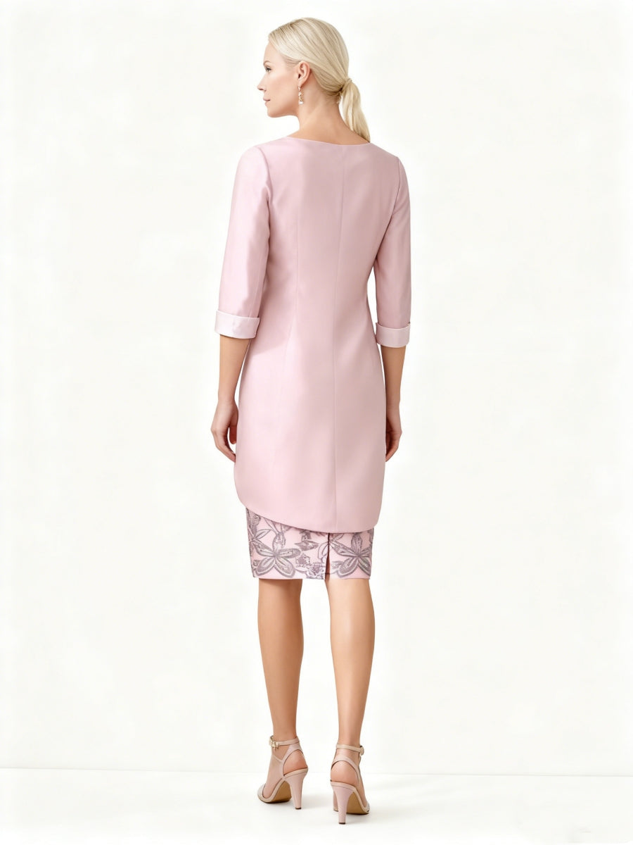 Sheath/Column 2 Pieces Scoop Satin Mother Of The Bride Dresses With Jacket Lace 3/4 Sleeves Knee-Length BabaMila
