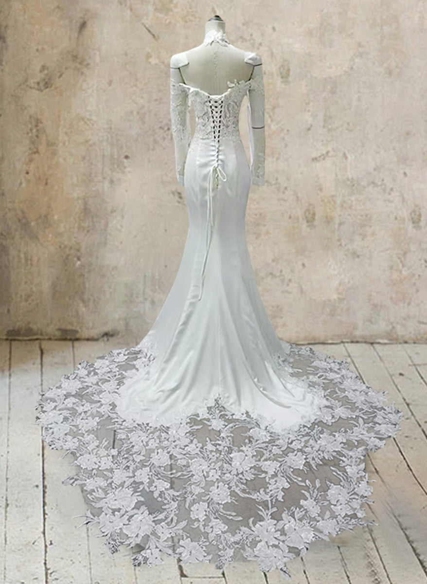 Trumpet/Mermaid White Strapless Long Sleeves Wedding Dresses with Lace Appliques BabaMila