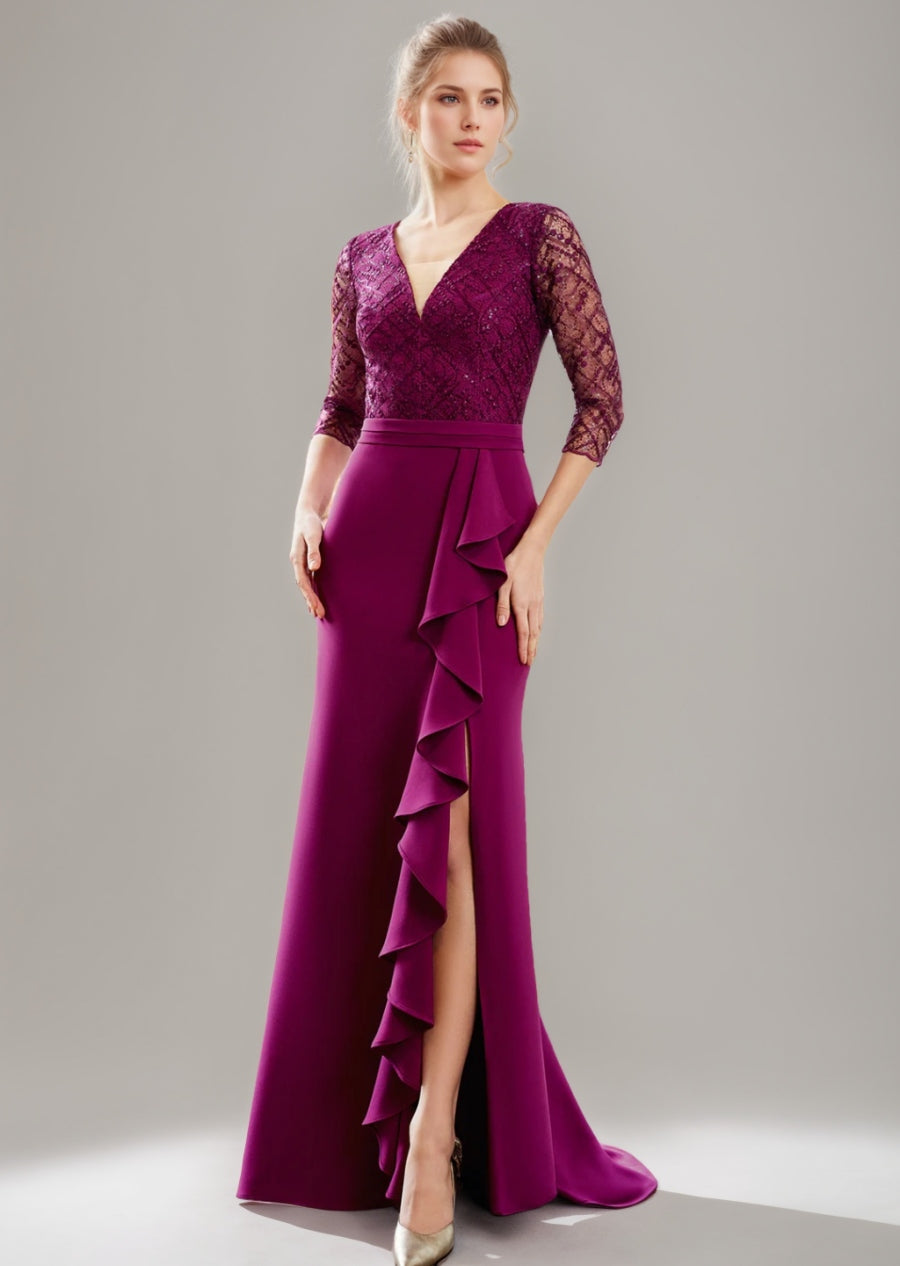 Trumpet/Mermaid V-Neck Floor-Length Mother Of The Bride Dresses With Slit & Ruffles & Tulle Lace BabaMila