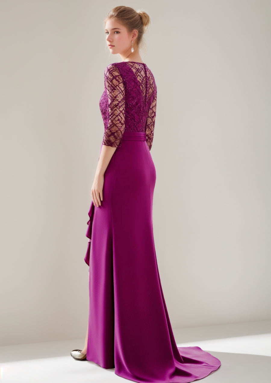 Trumpet/Mermaid V-Neck Floor-Length Mother Of The Bride Dresses With Slit & Ruffles & Tulle Lace BabaMila
