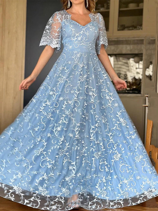 A-Line/Princess Lace V-Neck Mother Of The Bride Dresses Short Sleeves Floor-Length BabaMila