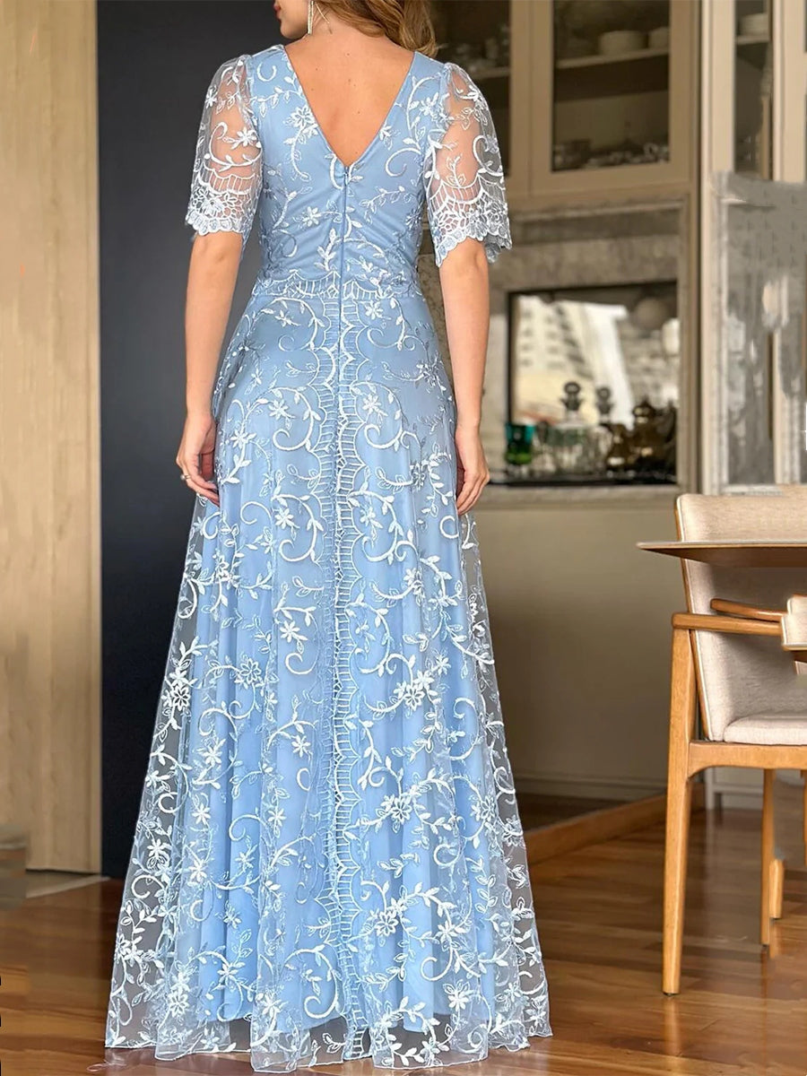 A-Line/Princess Lace V-Neck Mother Of The Bride Dresses Short Sleeves Floor-Length BabaMila