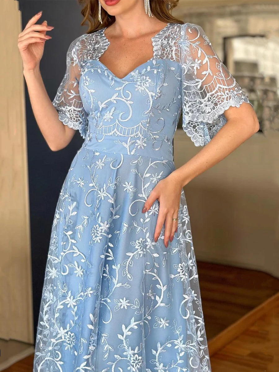 A-Line/Princess Lace V-Neck Mother Of The Bride Dresses Short Sleeves Floor-Length BabaMila