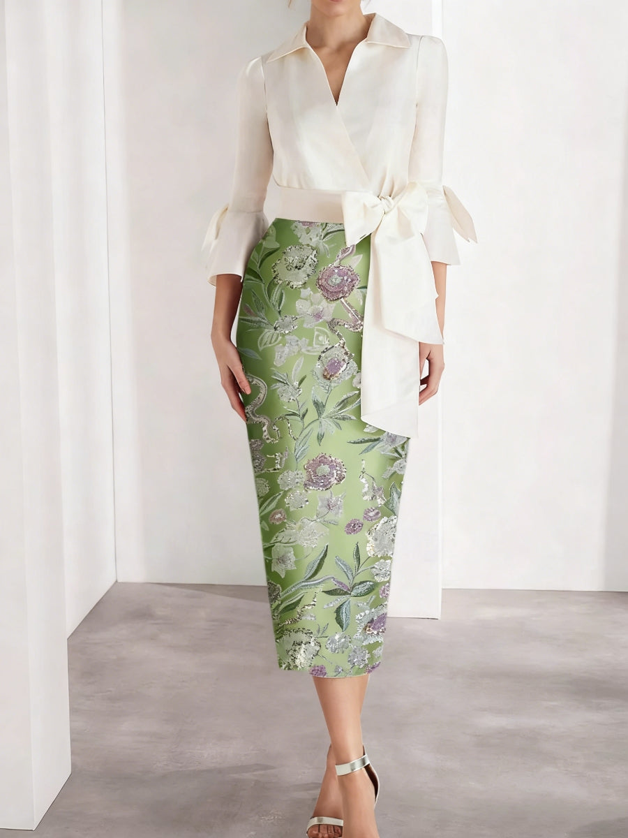 Sheath/Column V-Neck Satin Mother Of The Bride Dresses 3/4 Sleeves Shirt Collar Tea-Length Cocktail Dresses BabaMila